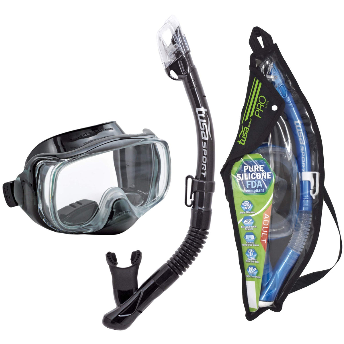 TUSA Sport Adult Imprex 3D Purge Mask and Dry Snorkel Combo, Black/Black, UC-332