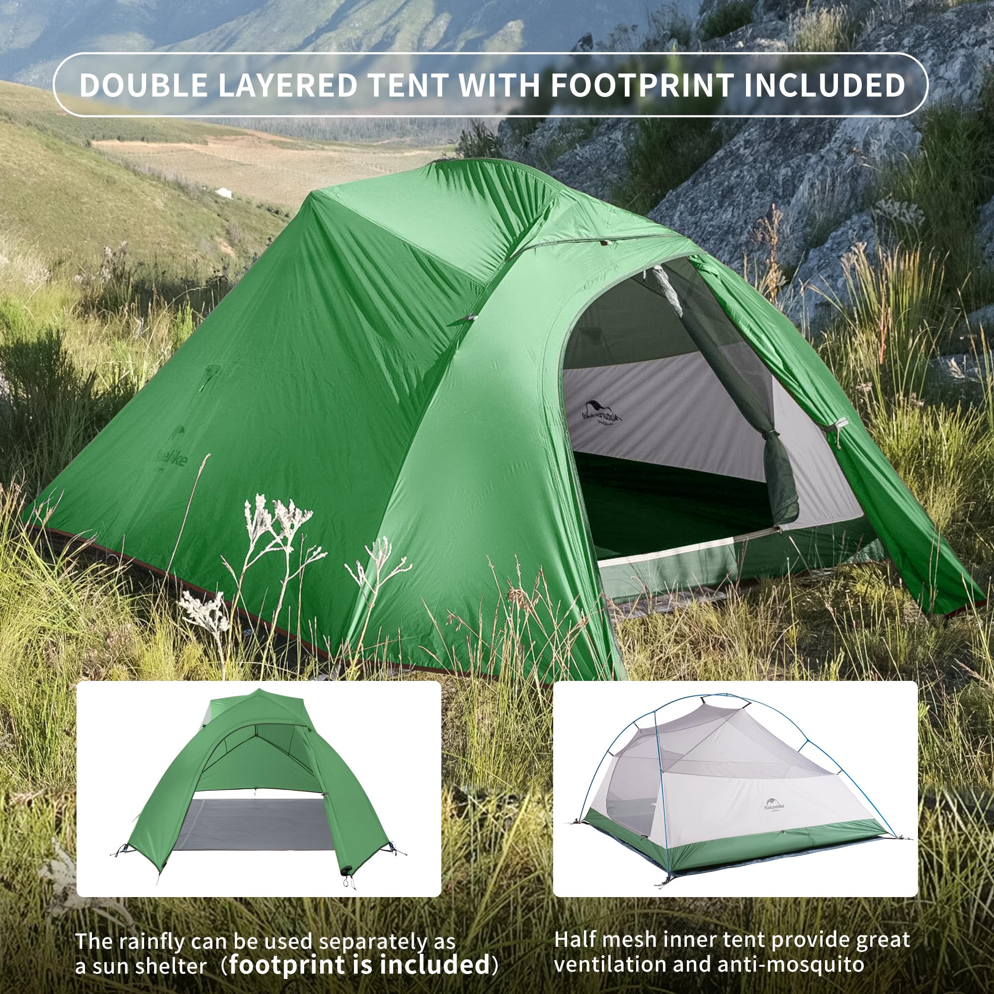 Naturehike Cloud-Up 3 Person Tent Lightweight Backpacking Tent with Footprint -