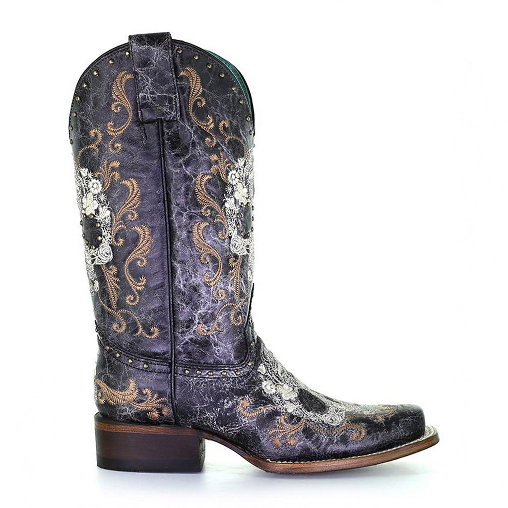 Corral Boots Women's Black and White Floral Sugar Skull Embroidery & Studs Squar, view 4