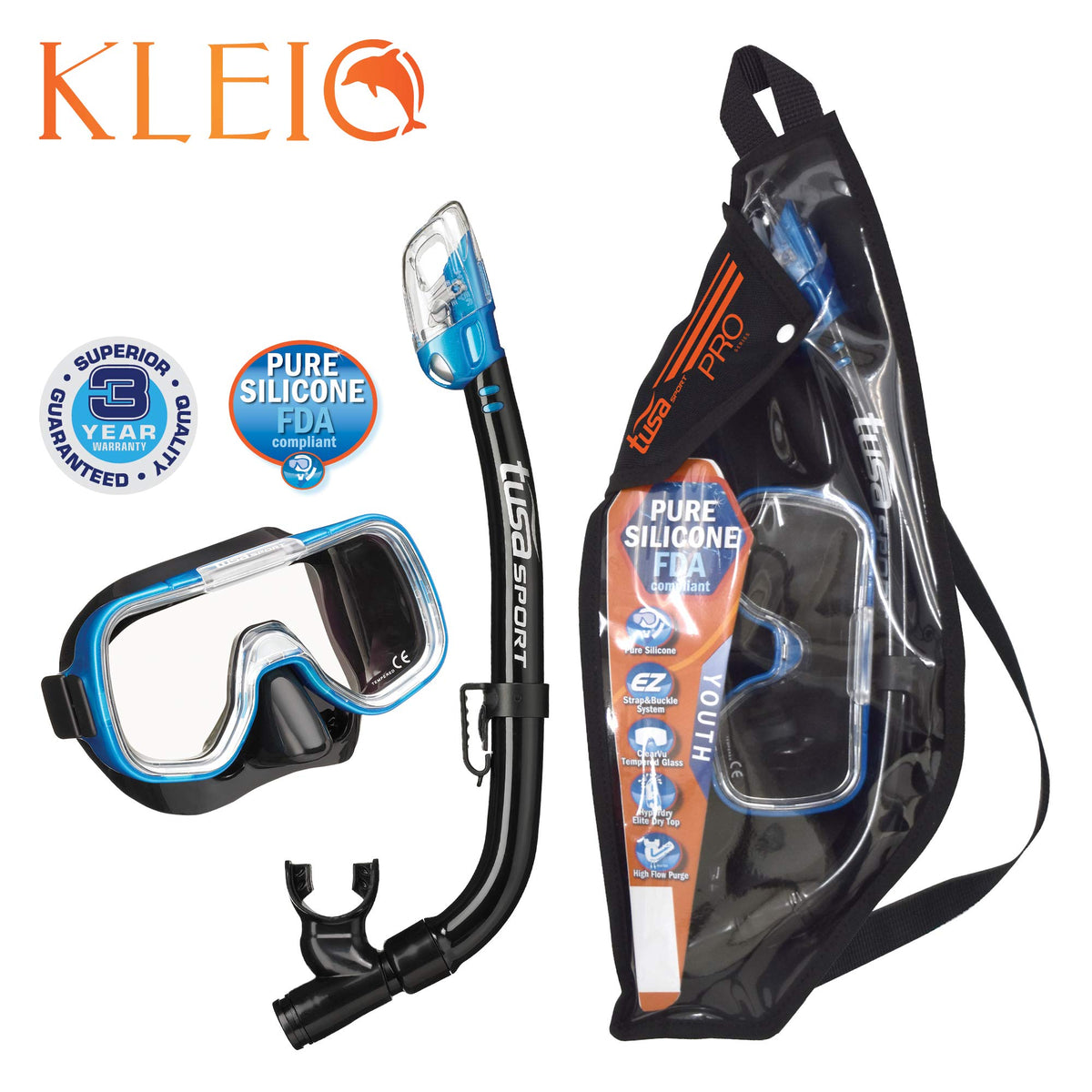 TUSA Sport Youth Mini-Kleio Mask and Dry Snorkel Combo Set, Black/Fishtail Blue,