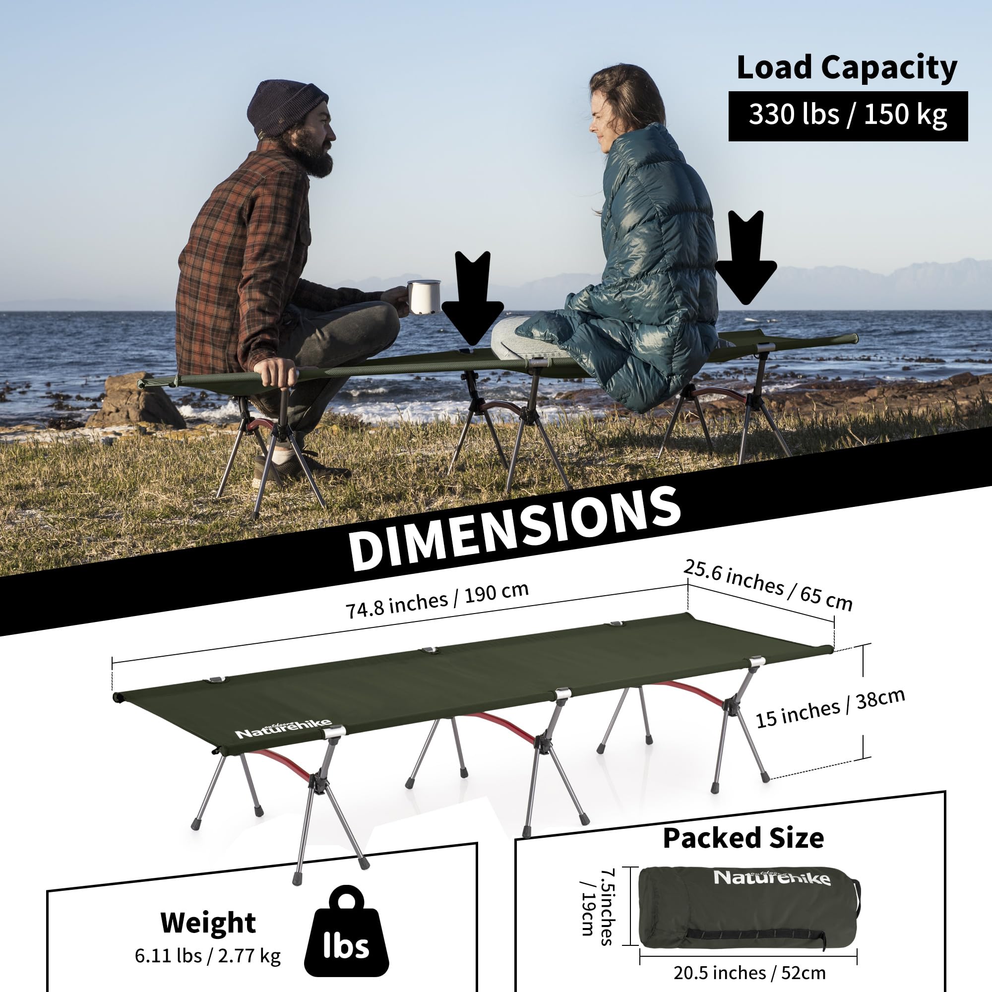 Naturehike ArmyWild Folding Camping Cot, Height Adjustable Ultralight Backpackin