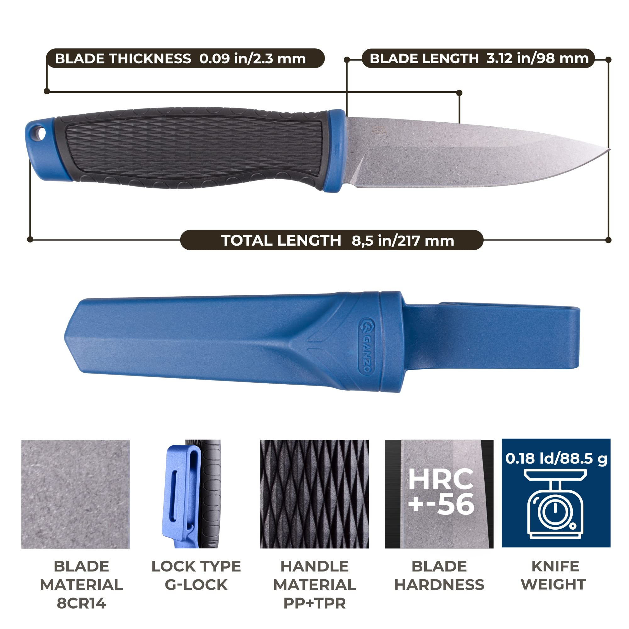 Ganzo G806-BL Fixed Blade Knife 8CR14 Stainless