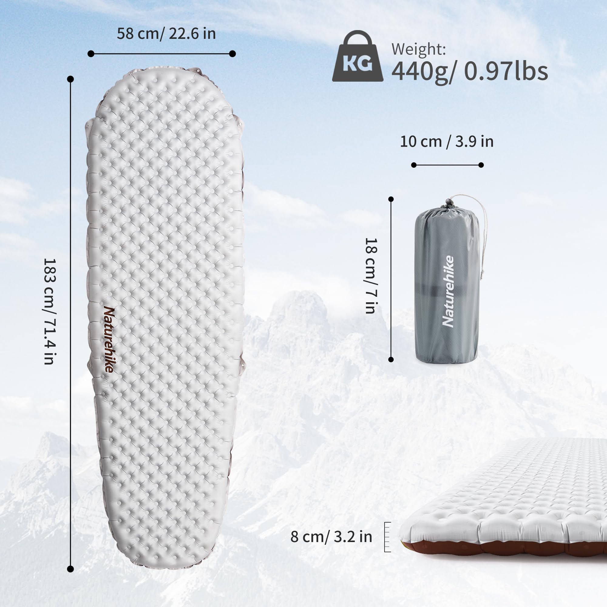 Naturehike 0.97LB Ultralight Insulated Sleeping Pad with R5.8, 3.2in Thickened P