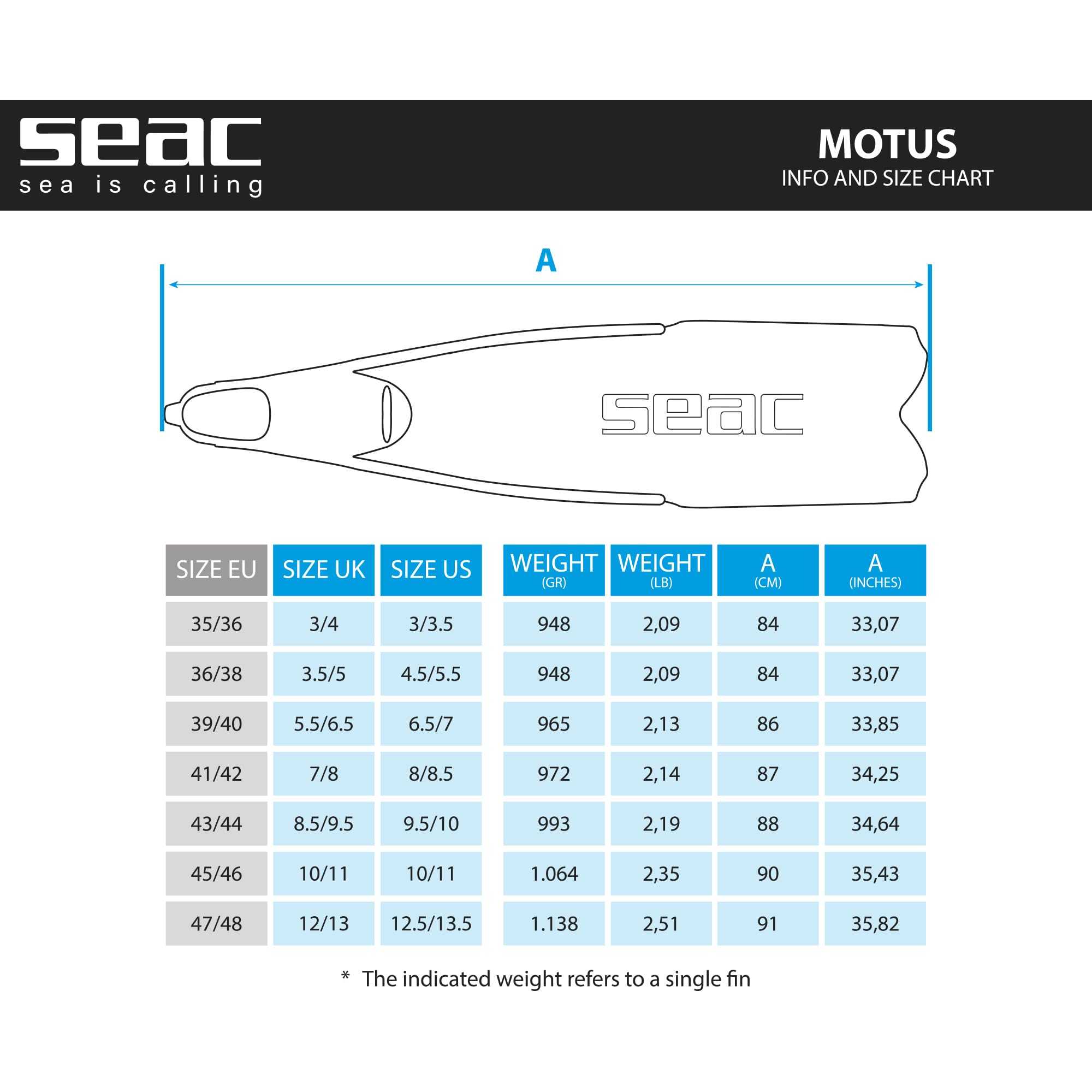 SEAC Motus Camo Long Soft Powerful Free Diving Spearfishing Fins, Grey 4-5.5