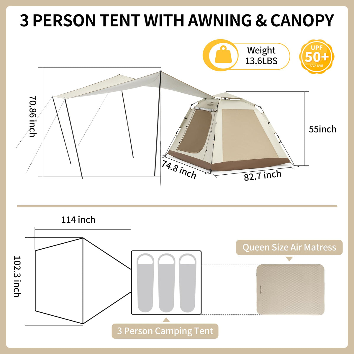 Naturehike Ango Picnic 3 Person Tent, Instant Pop up Tents for Camping, 3 Person