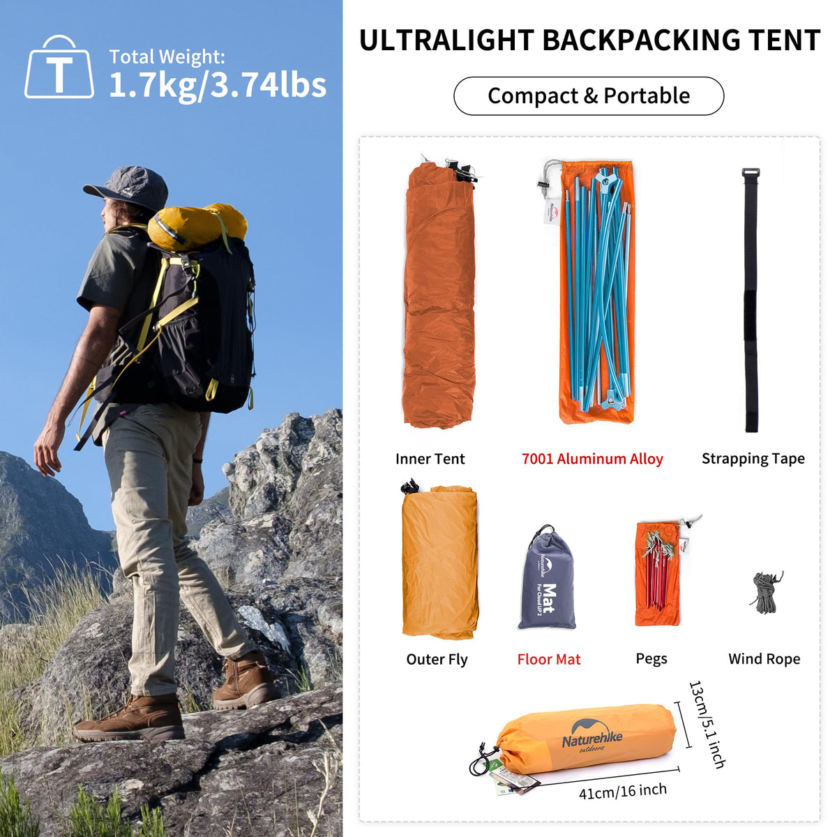 Naturehike Cloud-Up 1 Person Tent Lightweight Backpacking Tent for One Man, Wate