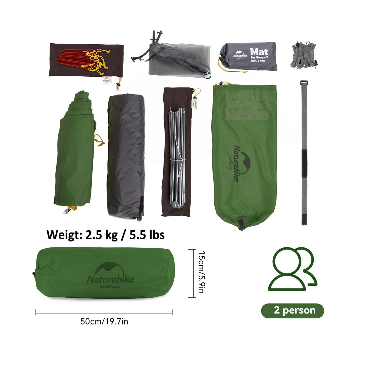 Naturehike Mongar 2 Person Backpacking Tent 3 Season Camping Ultralight Lightwei
