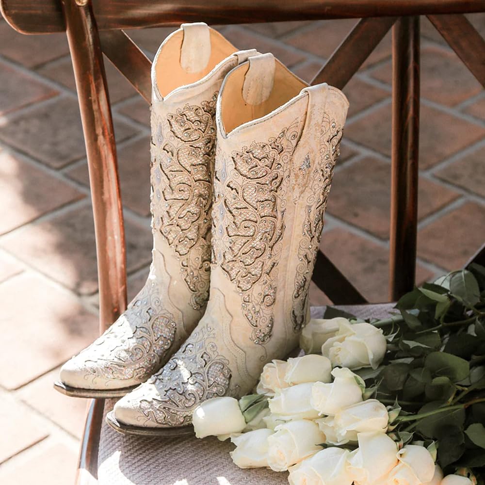 Corral Boots Womens 14-inch Off White Glitter Inlay & Crystals Snip Toe Pull-On, view 2