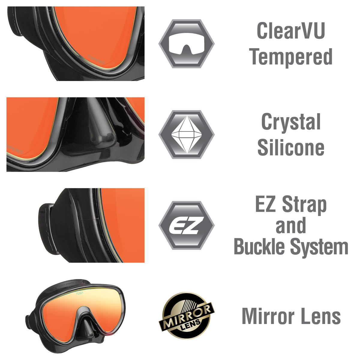 TUSA Sport Adult Serene Mask and Snorkel Combo, Black/Black Mirrored Lens (UC-16