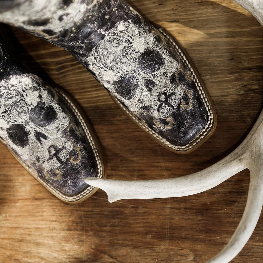 Corral Boots Women's Black and White Floral Sugar Skull Embroidery & Studs Squar, view 2