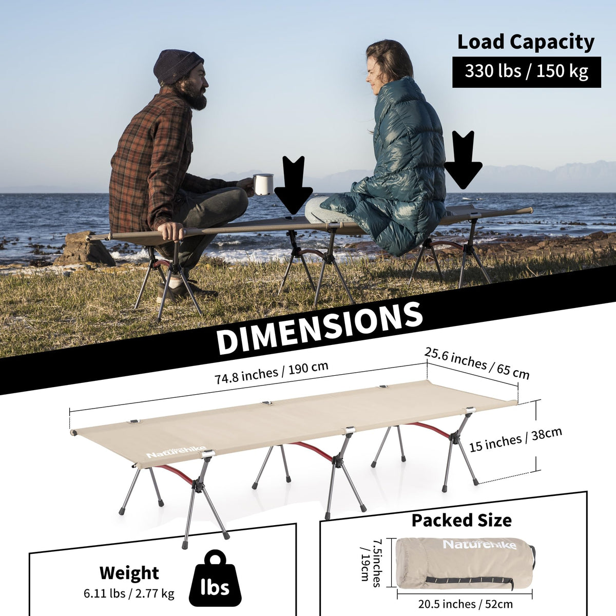 Naturehike ArmyWild Folding Camping Cot, Height Adjustable Ultralight Backpackin
