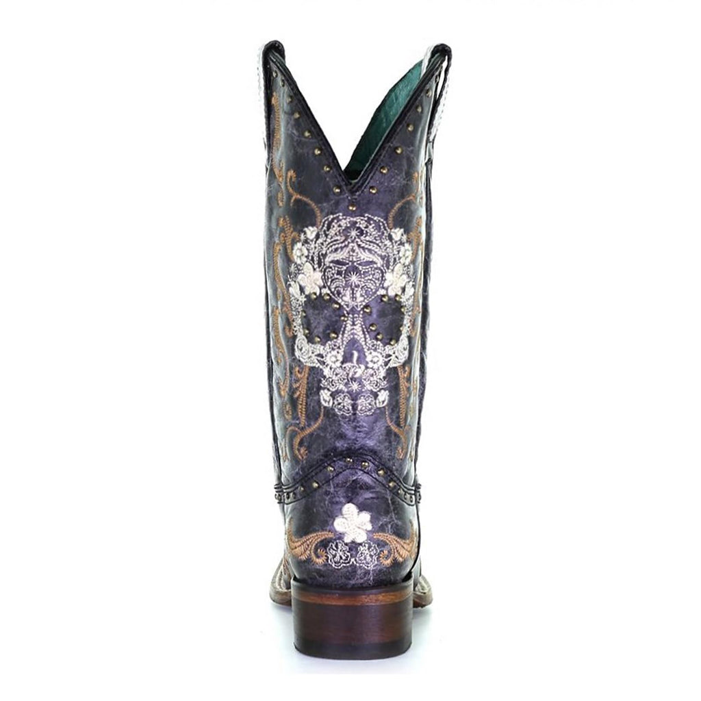 Corral Boots Women's Black and White Floral Sugar Skull Embroidery & Studs Squar, view 5