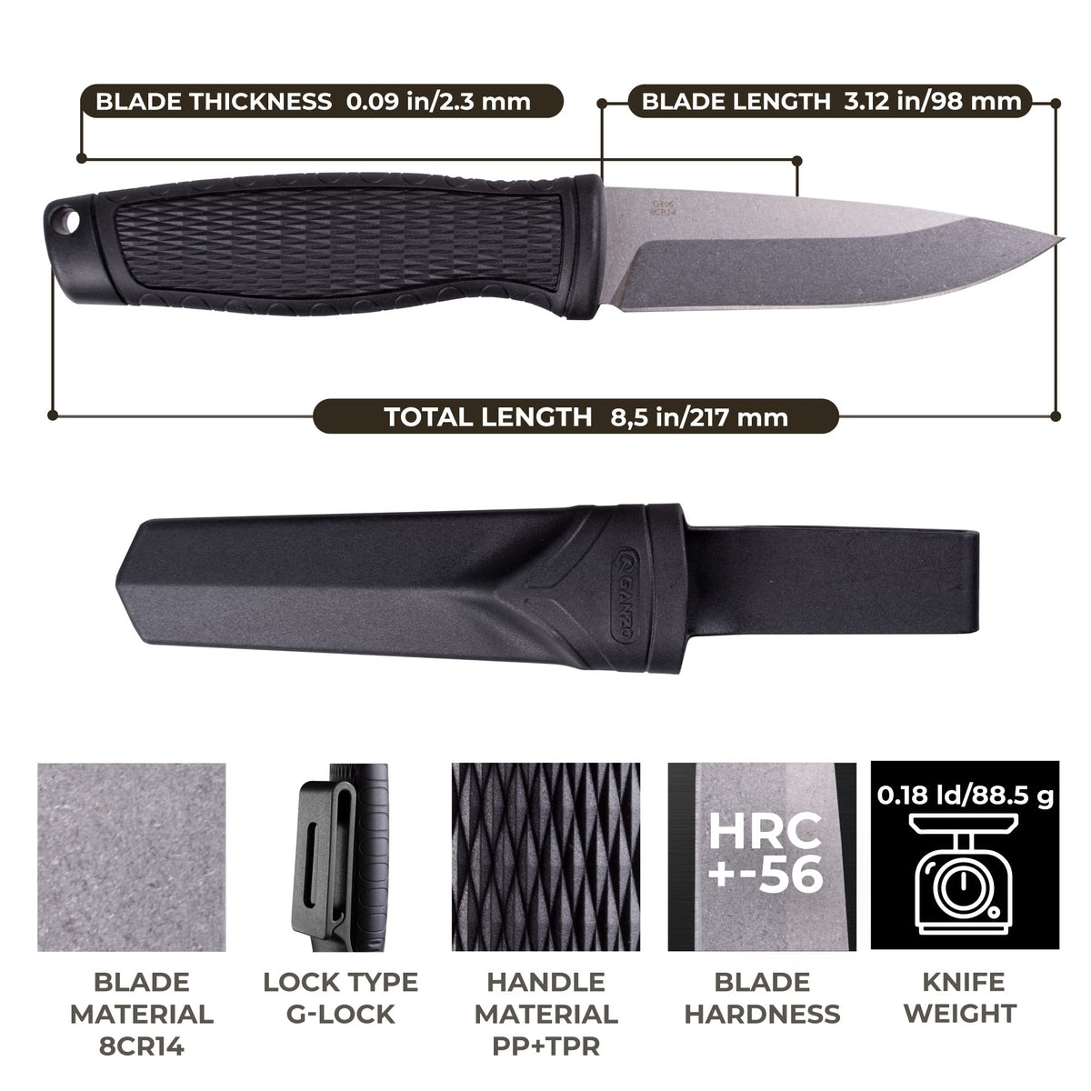 Ganzo G806-BK Fixed Blade Knife 8CR14 Stainless