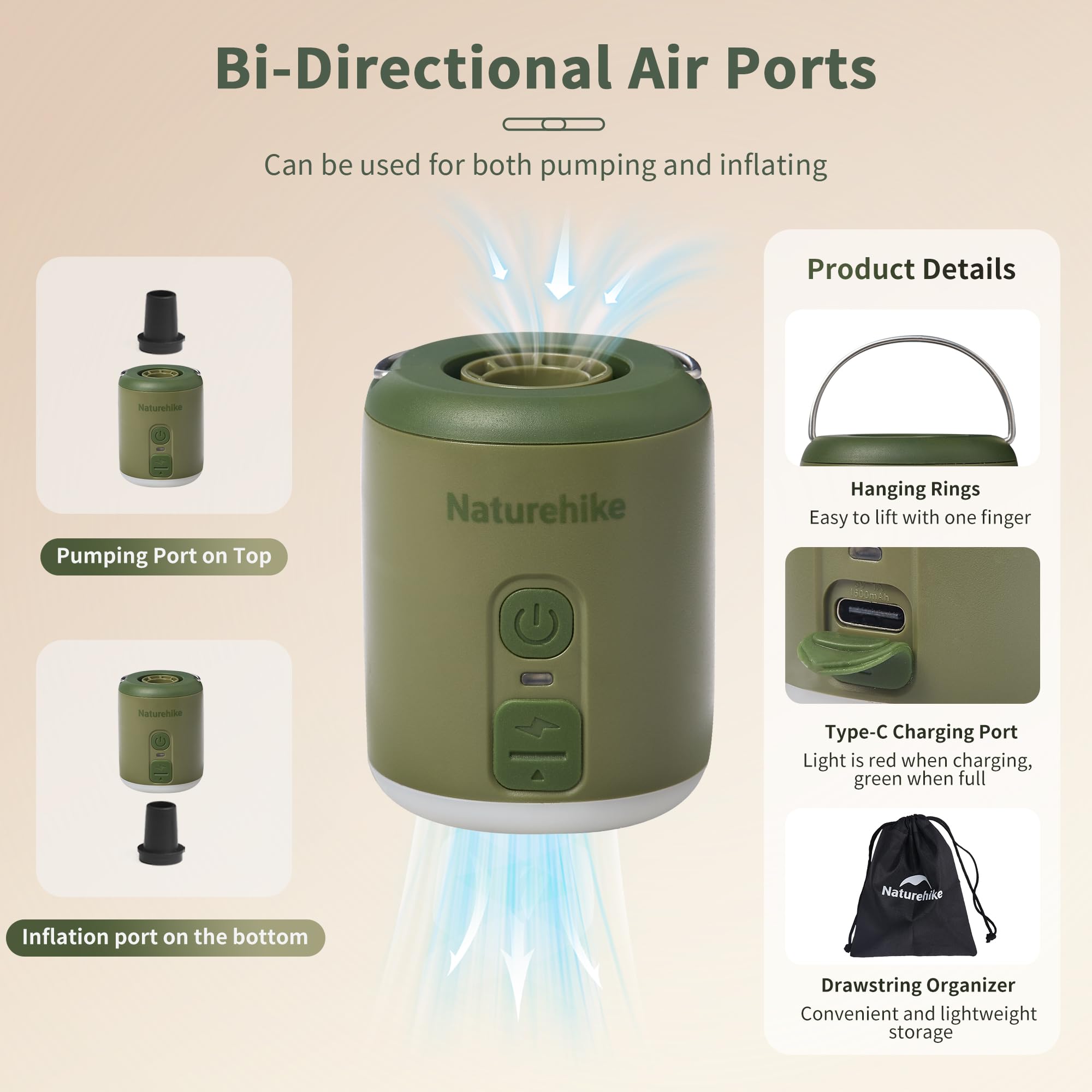 Naturehike Portable Mini Air Pump with 1600mAh Battery, Ultralight Tiny Pump wit