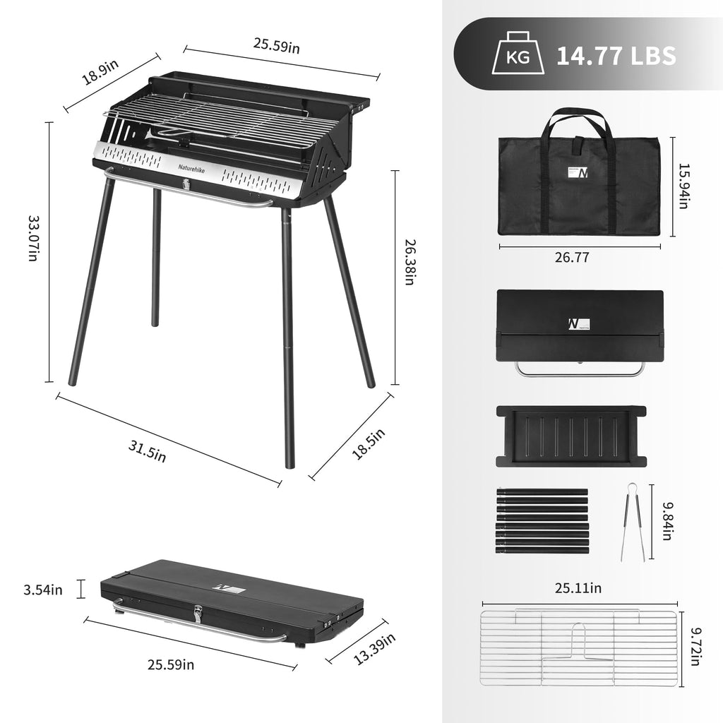 Naturehike Portable Charcoal Grill with Carry Bag, Height Adjustable Camping Bar, view 6
