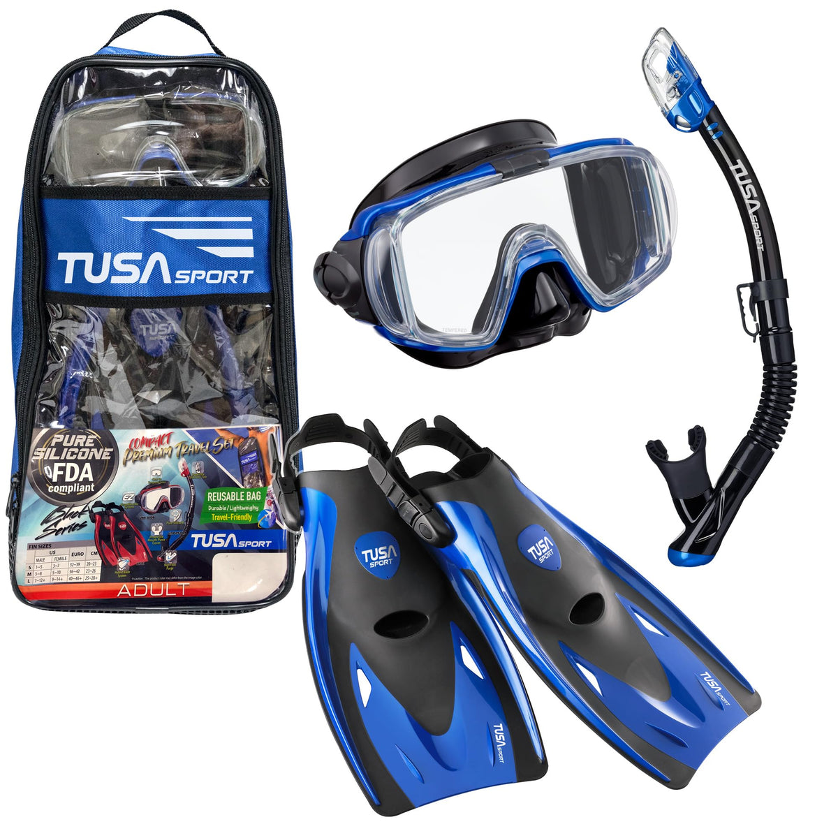 TUSA Sport Adult Visio Tri-Ex Mask, Dry Snorkel, and Fins Travel Set, Black/Meta