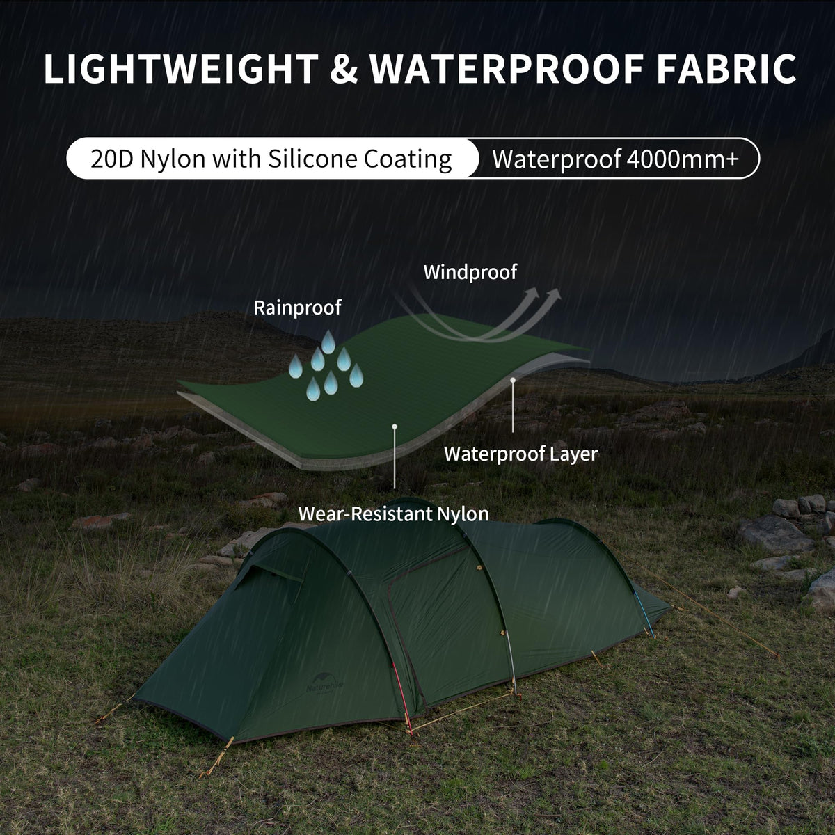 Naturehike Opalus Tunnel Backpacking Tent for 2-3 Person, 2 Person 3 Person Back