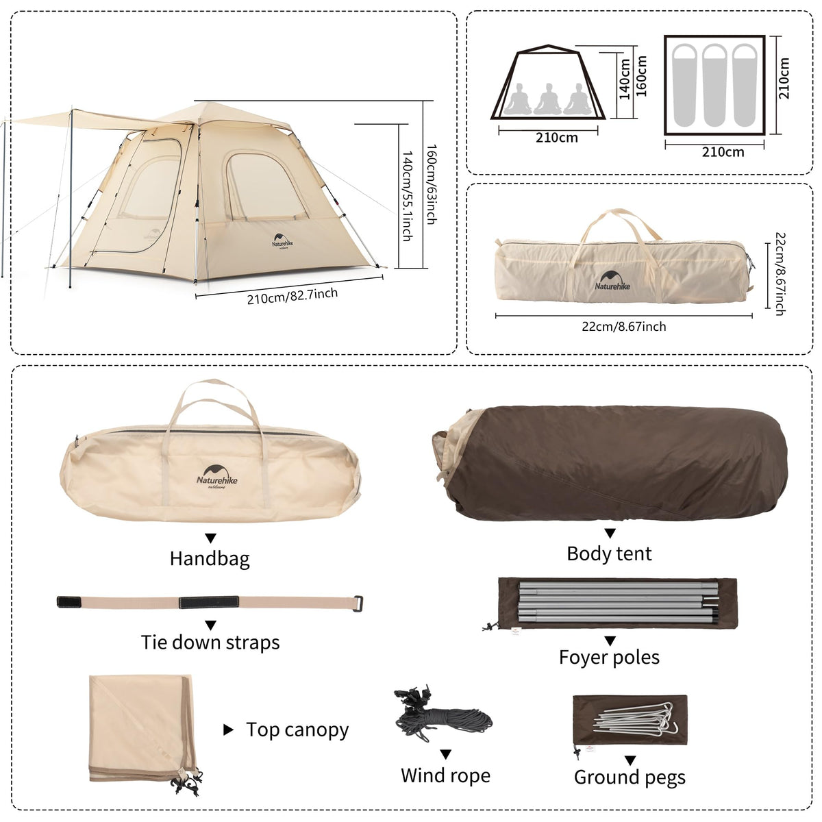 Naturehike Ango Pop Up Tent Automatic Tent Outdoor Portable Folding 3 Person Fam