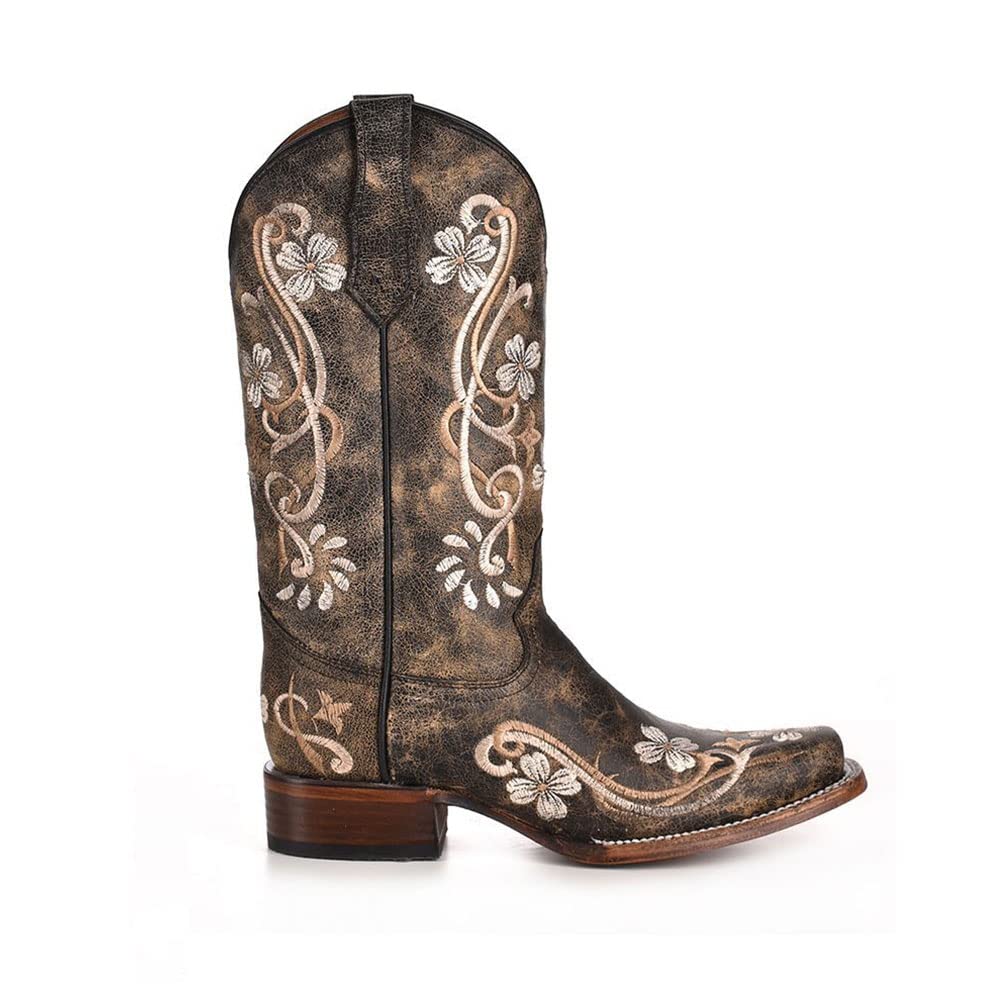CORRAL Women's Floral Embroidery Cushioned Pull-On Square Toe Leather Western Co