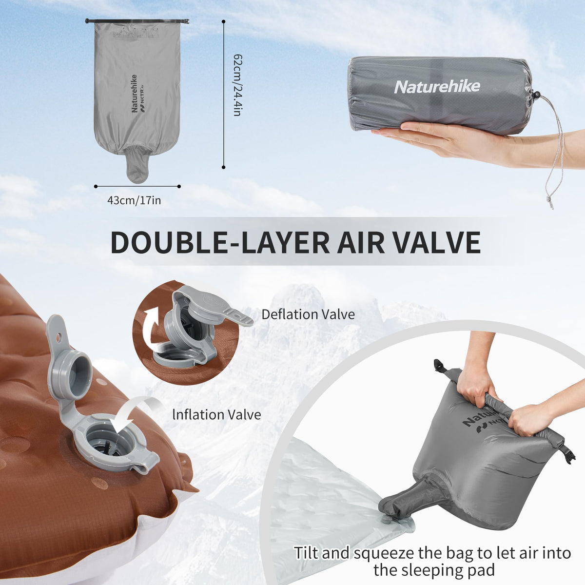 Naturehike 1LB Ultralight Insulated Sleeping Pad with R5.8, 3.2in Thickened Patc