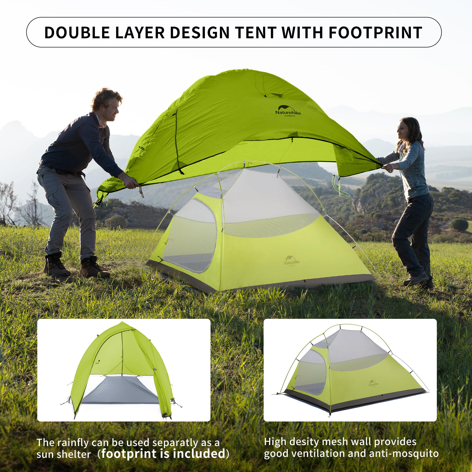 Naturehike Cloud-Up 2 Person Tent Lightweight Backpacking Tent with Footprint -
