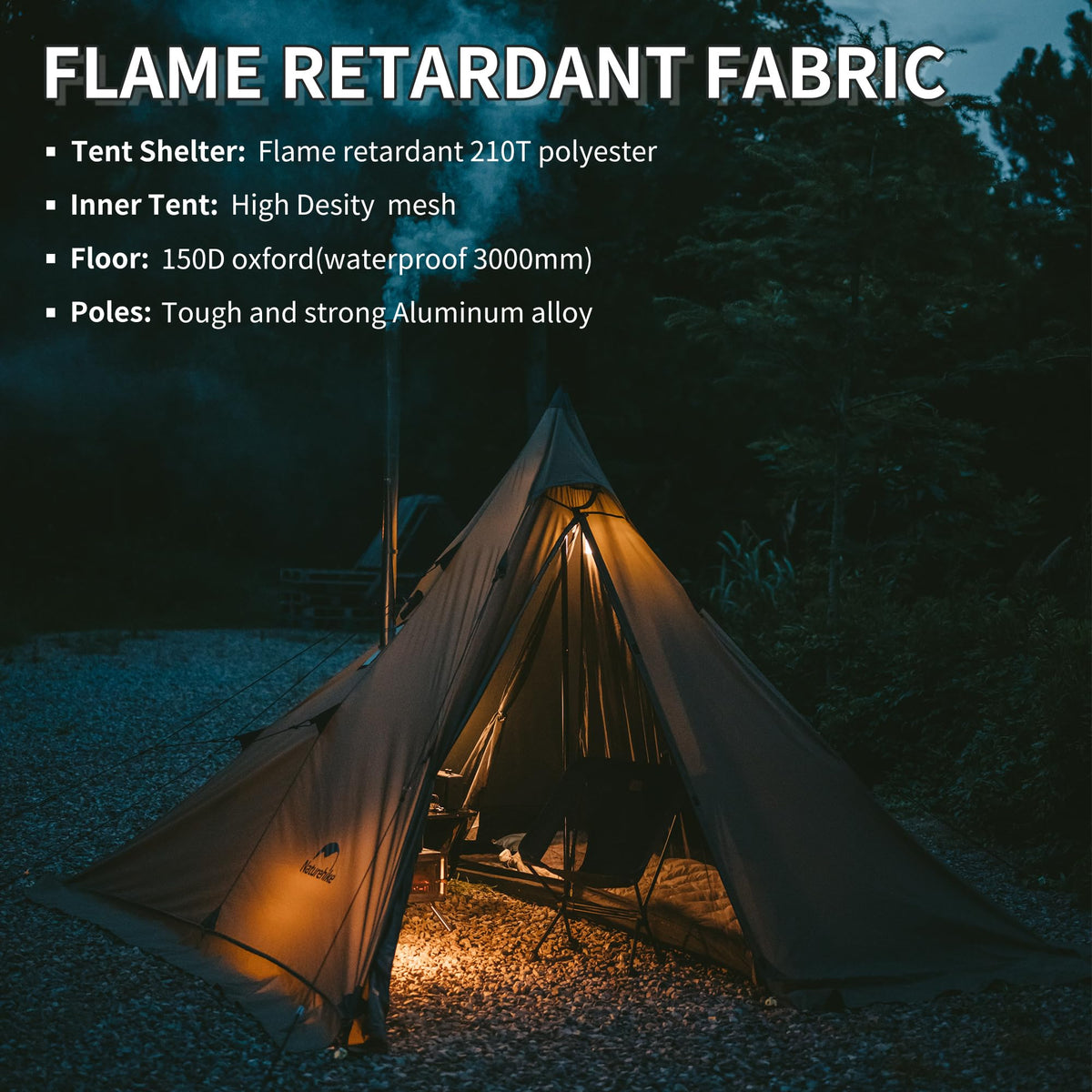 Naturehike Ranch Fire Teepee Tent with Mesh Inner Tent, 4 Season Hot Tent with S