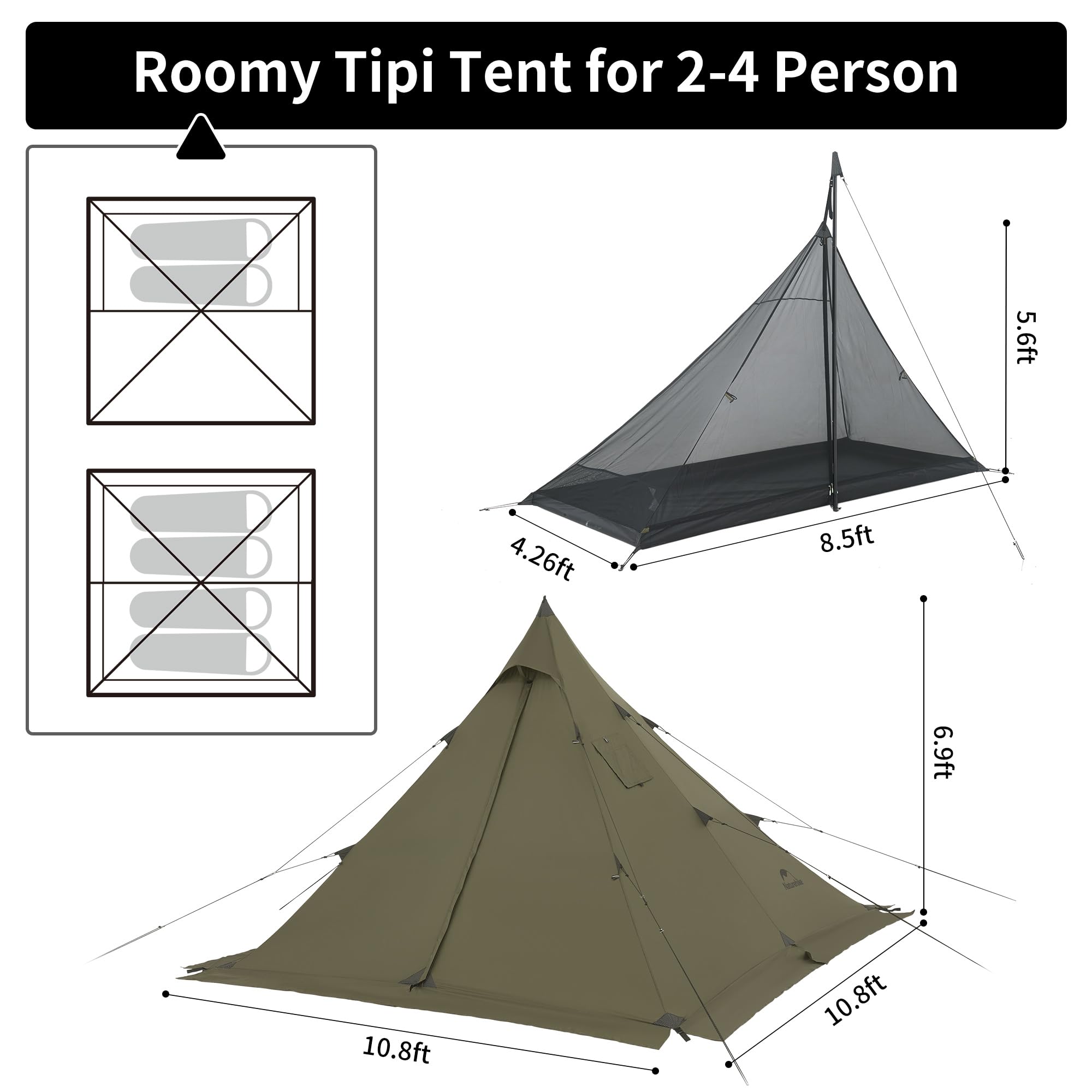Naturehike Ranch Fire Teepee Tent with Mesh Inner Tent, 4 Season Hot Tent with S