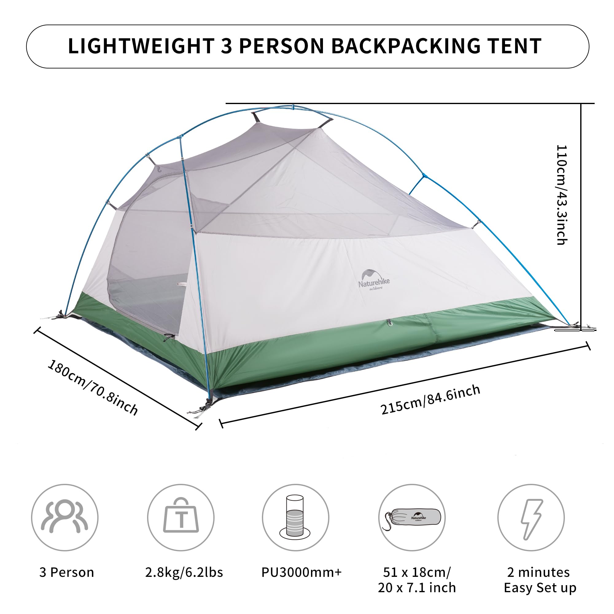 Naturehike Cloud-Up 3 Person Tent Lightweight Backpacking Tent with Footprint -