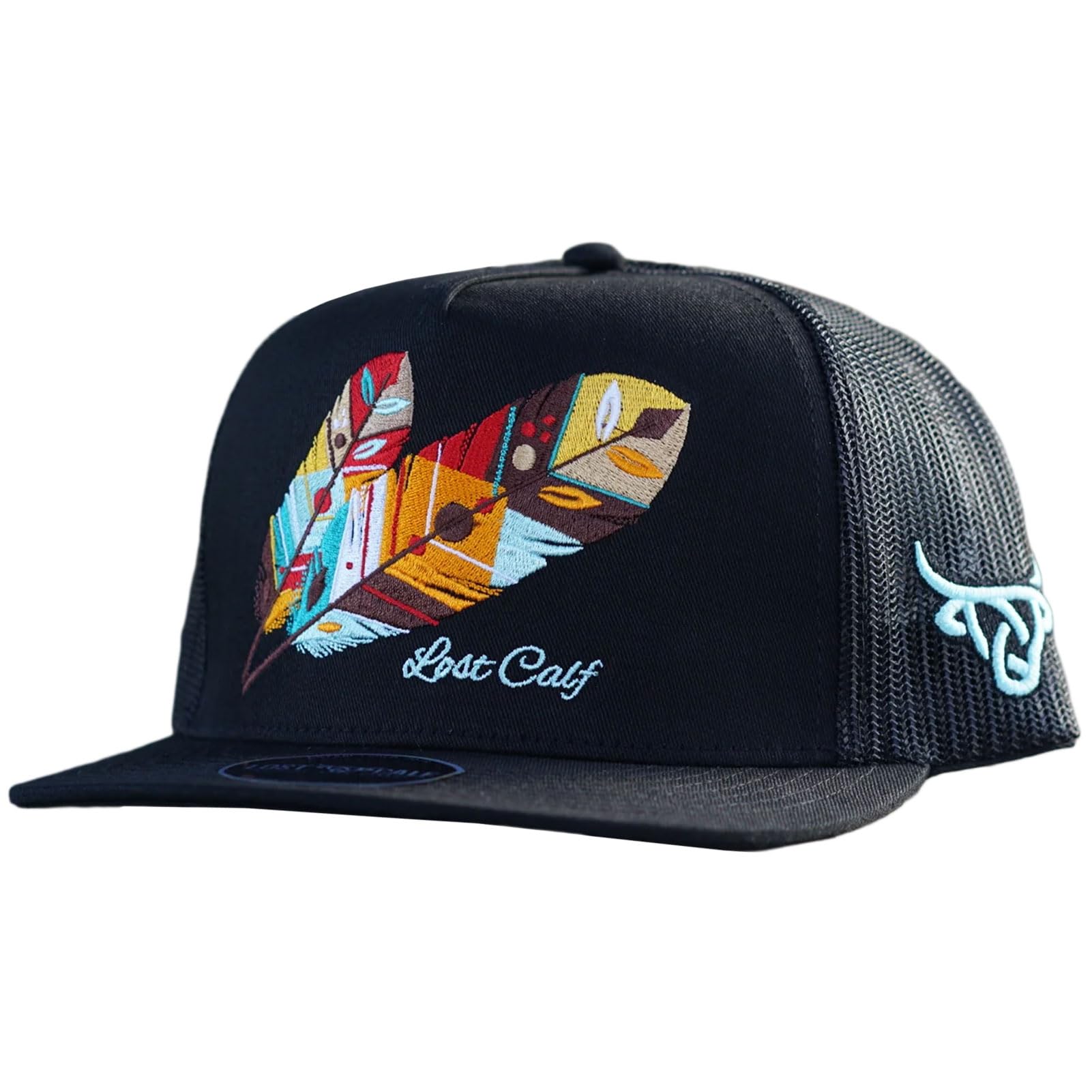 Lost Calf Feather Black Flat Trucker Cap