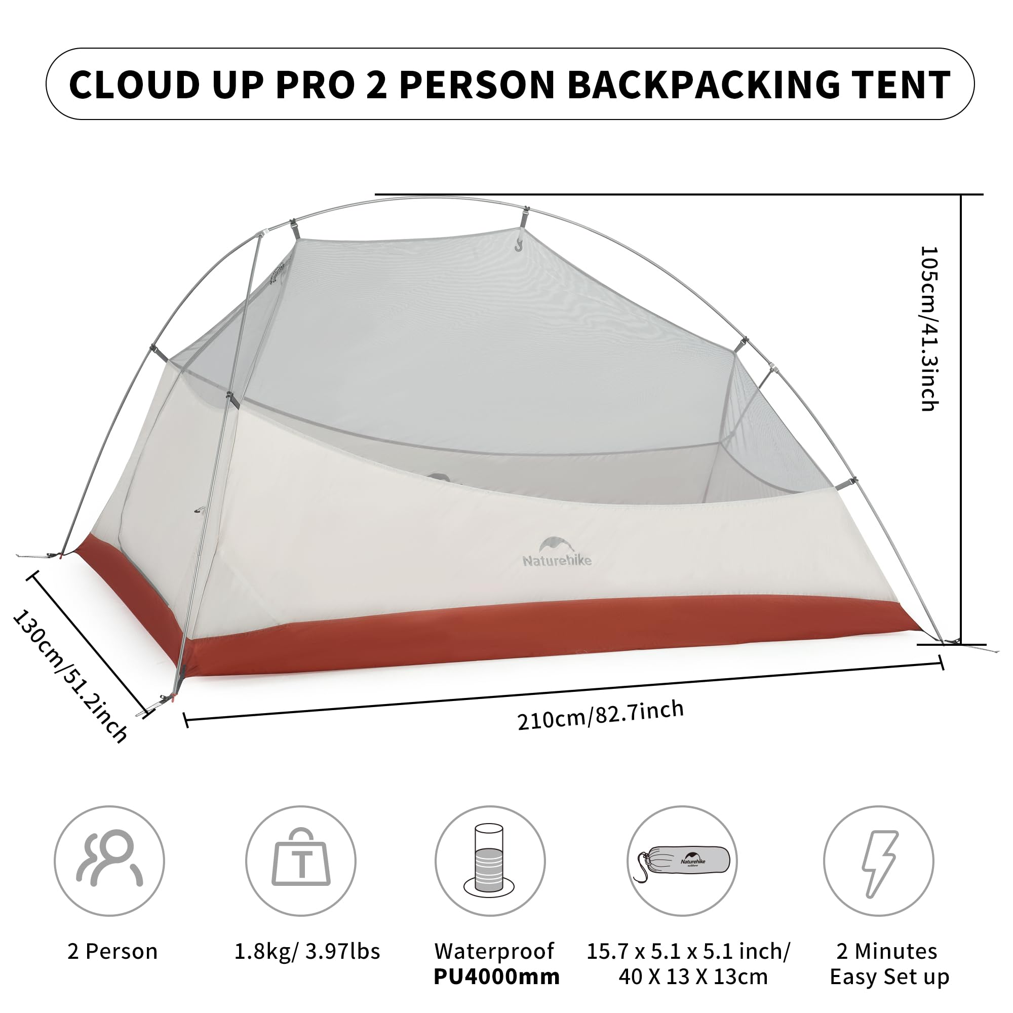 Naturehike Cloud up Pro 2 Person Tent, Double Layer Waterproof Two Person Tent,U