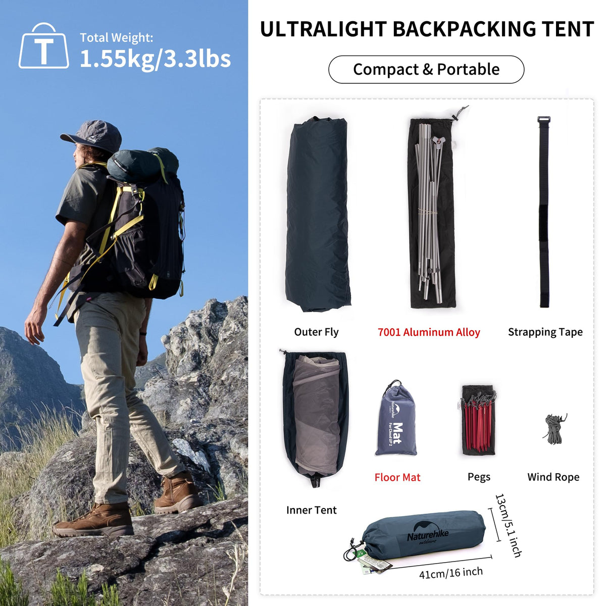 Naturehike Cloud-Up 1 Person Lightweight Backpacking Tent with Footprint - Dome