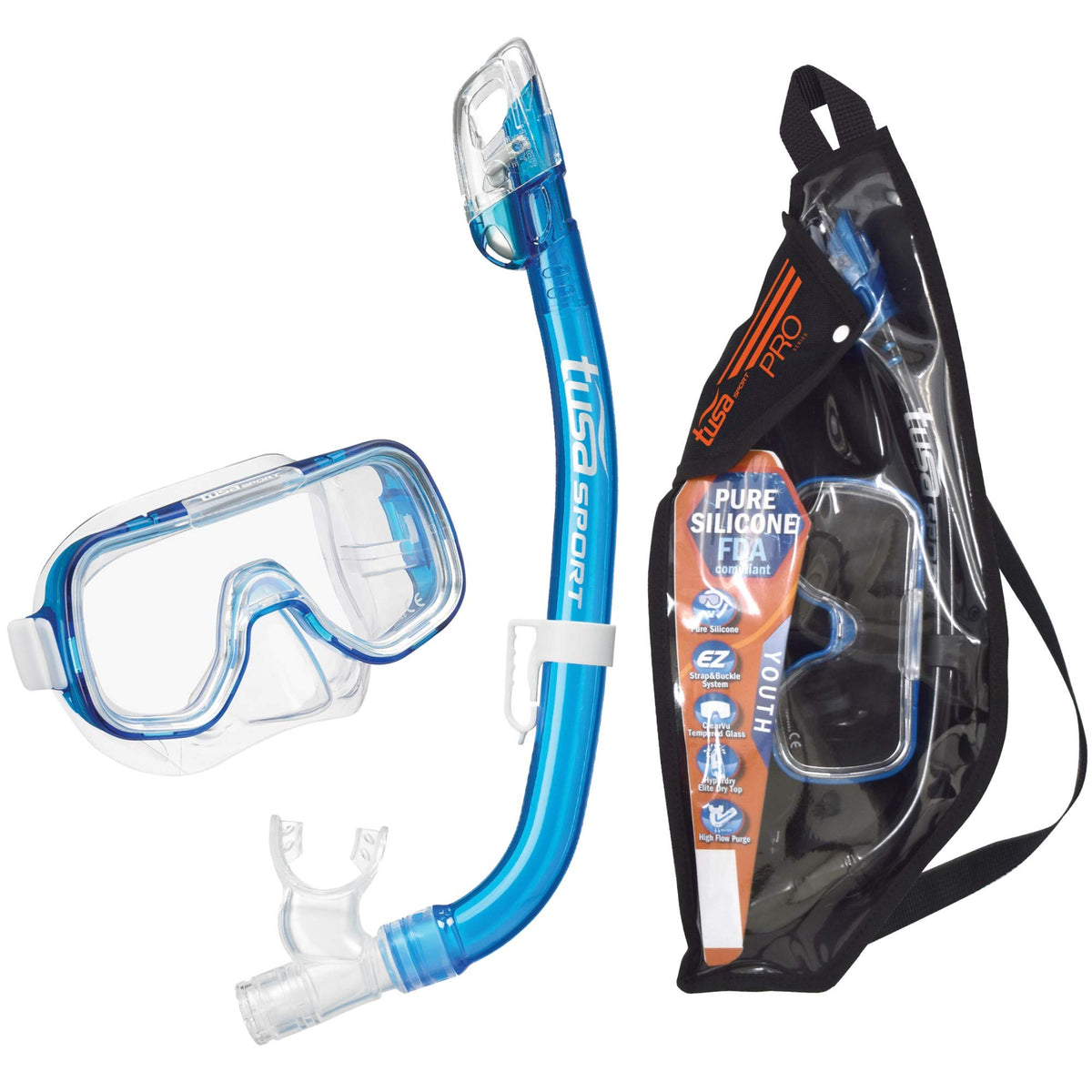 TUSA Sport Youth Mini-Kleio Mask and Dry Snorkel Combo Set, Clear Blue, UC-2022P