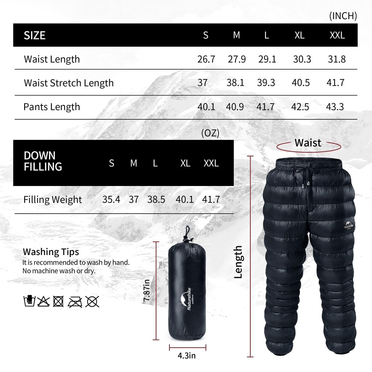 Naturehike DW Down Pants 90% Filling 800FP Warm Ligtweight Windproof Waterproof