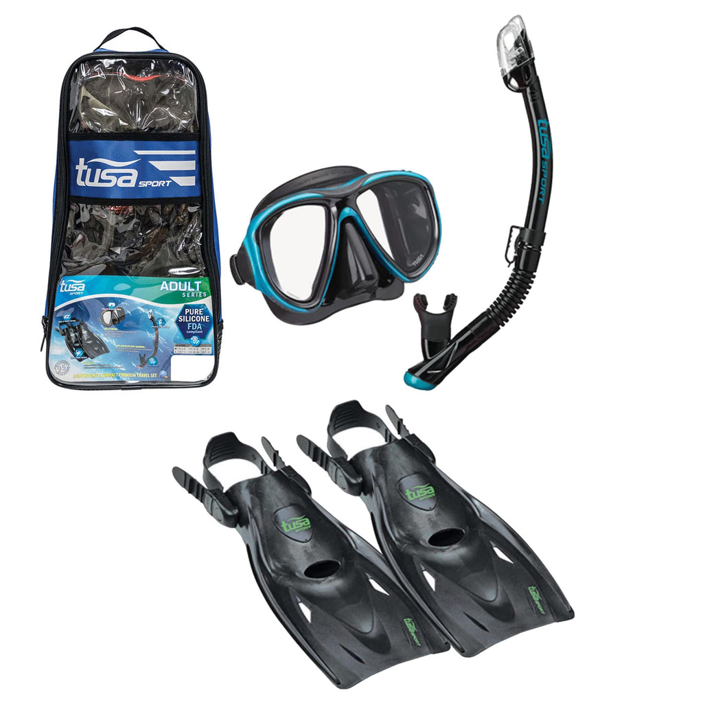 TUSA Sport Adult Powerview Mask, Dry Snorkel, and Fins Travel Set, Medium, Black