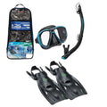TUSA Sport Adult Powerview Mask, Dry Snorkel, and Fins Travel Set, Medium, Black