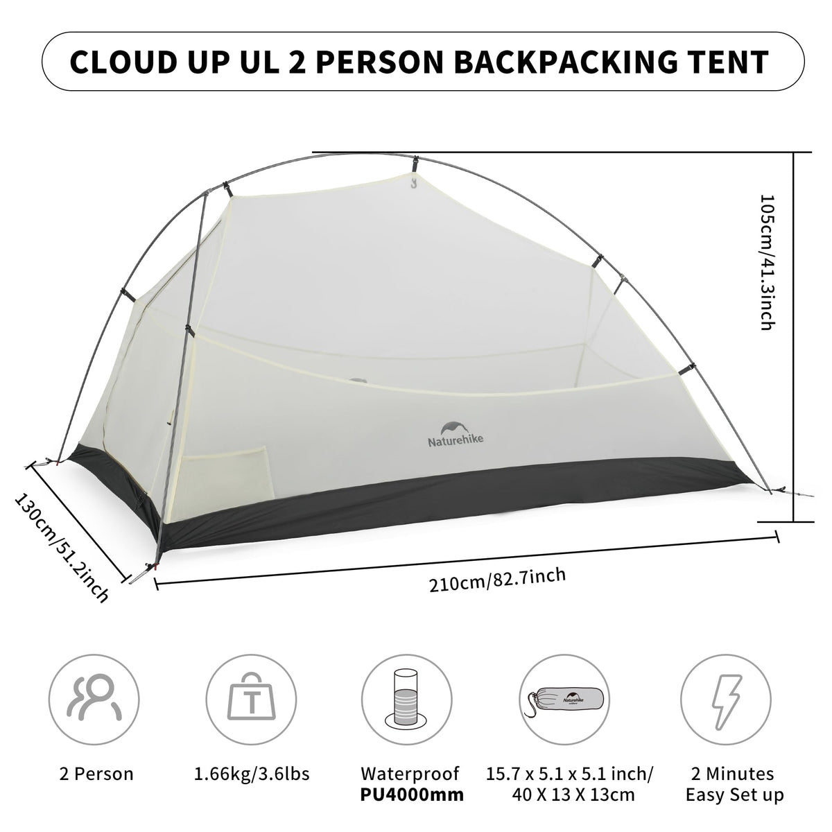 Naturehike Cloud UP UL 2 Person Backpacking Tent, Double Layer Two Person Tent w