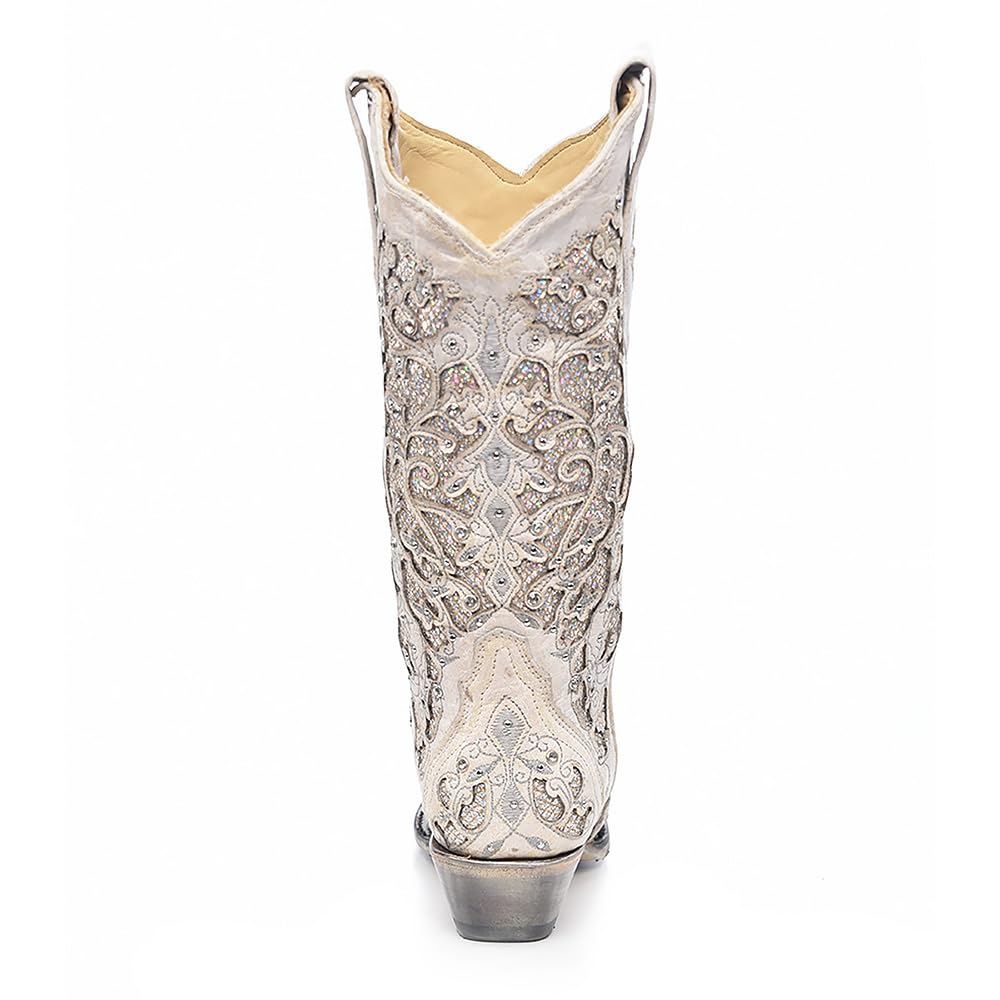 Corral Women's 14-inch Off White Glitter Inlay & Crystals Snip Toe Pull-On Cowbo, view 5