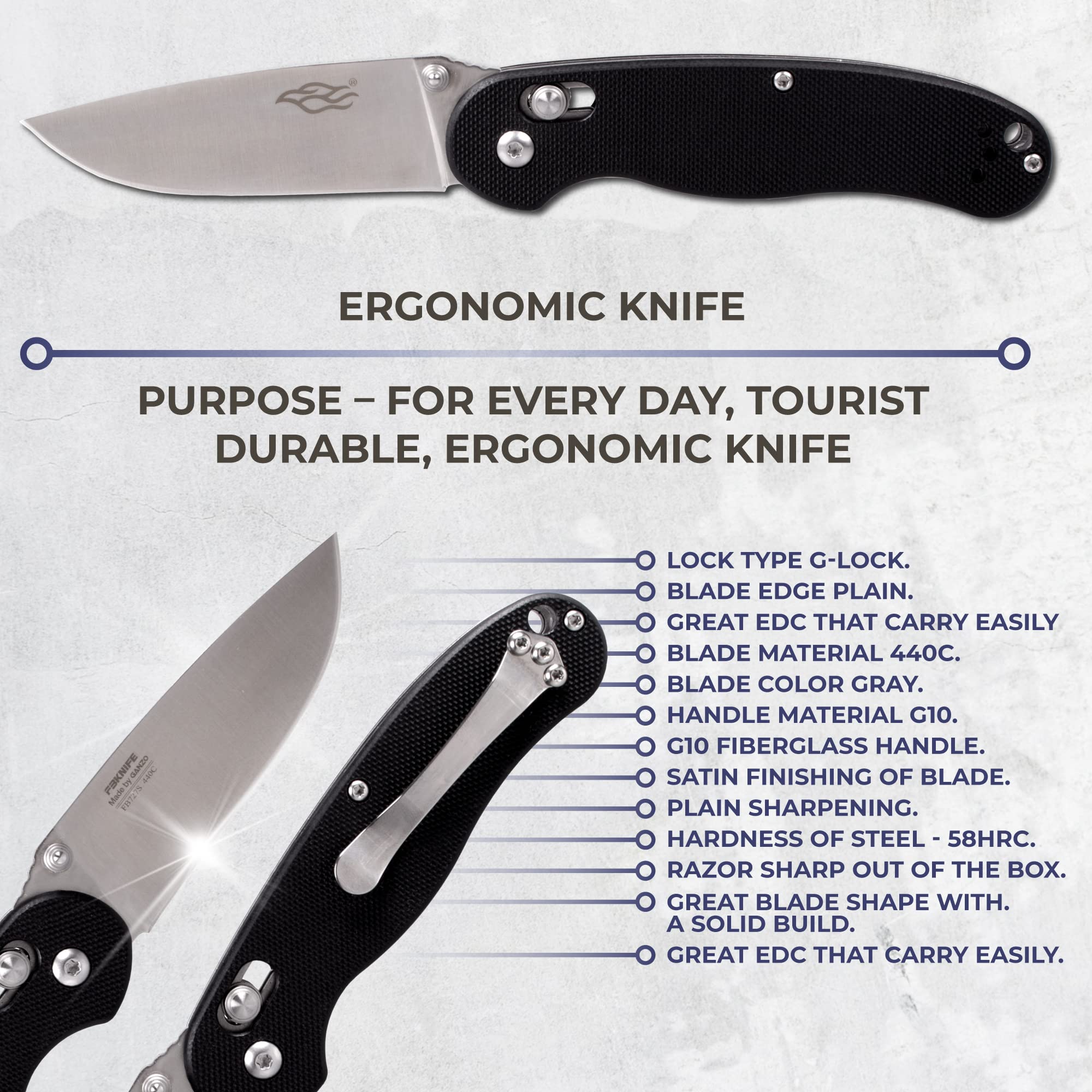 Firebird GANZO FB727S-BK Folding Pocket Knife 440C Stainless