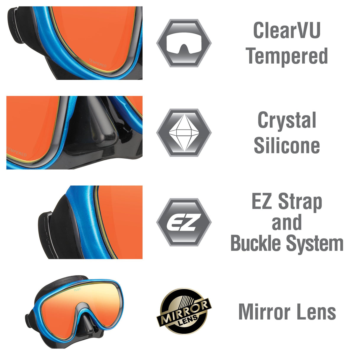 TUSA Sport Adult Serene Mask and Snorkel Combo, Black/Fishtail Blue Mirrored Len