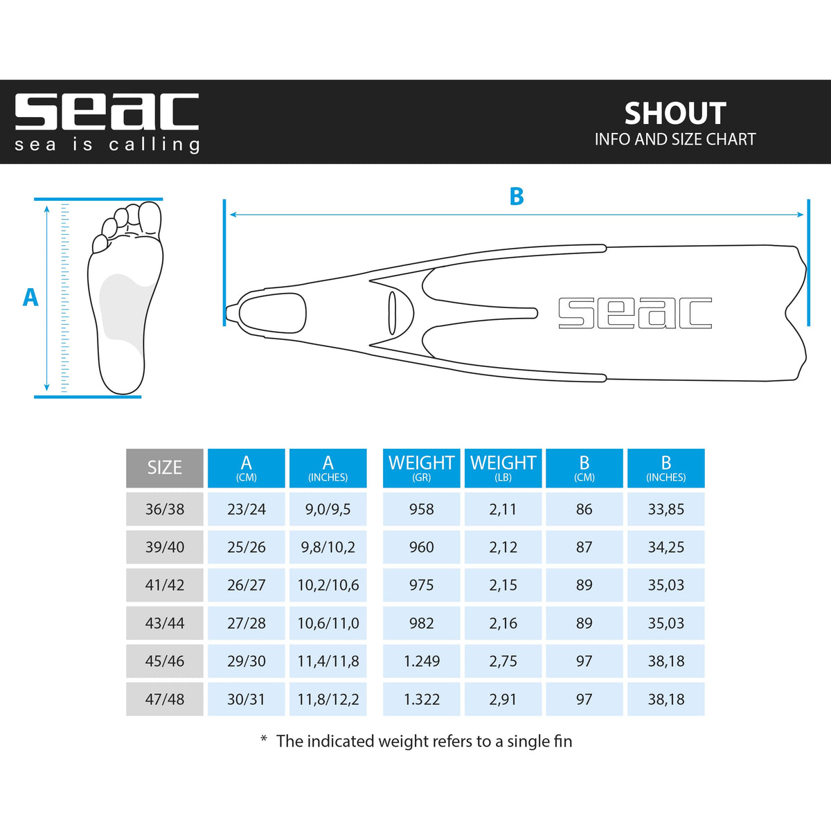 SEAC Shout, Long Fins for Scuba Diving, Spearfishing and Freediving