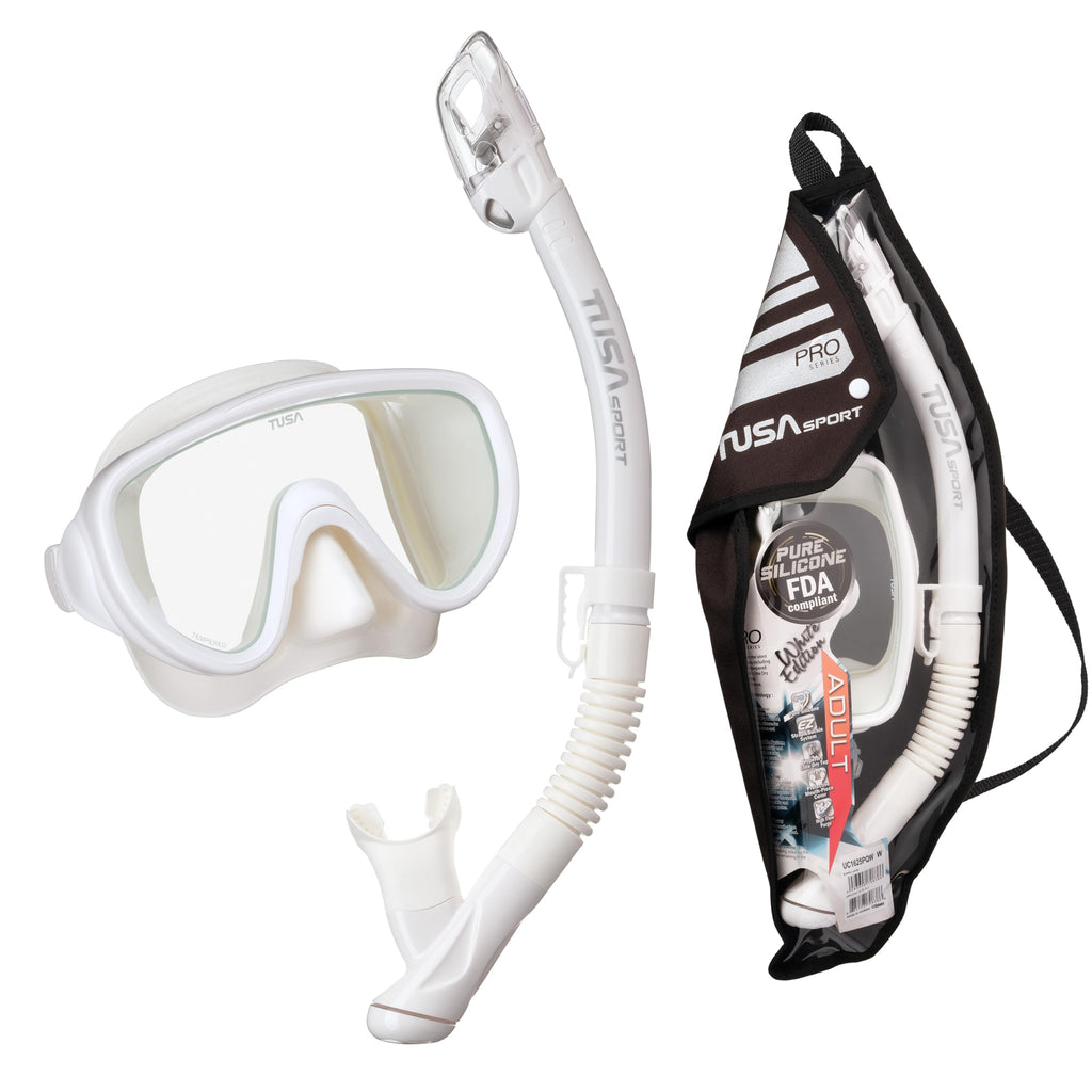 TUSA Sport Adult Serene Mask and Dry Snorkel Combo, with Reusable Travel Bag, Wh