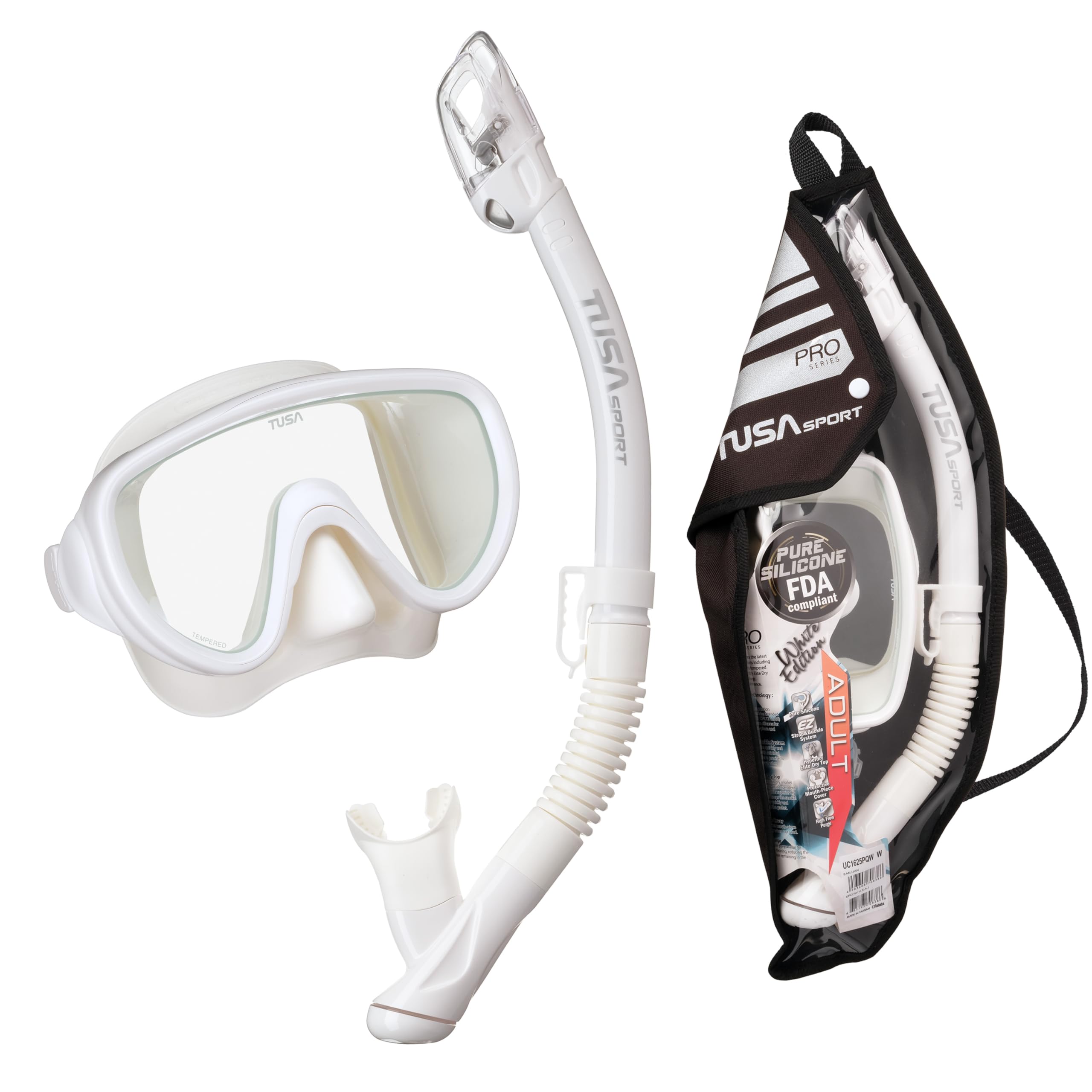TUSA Sport Adult Serene Mask and Dry Snorkel Combo, with Reusable Travel Bag, Wh