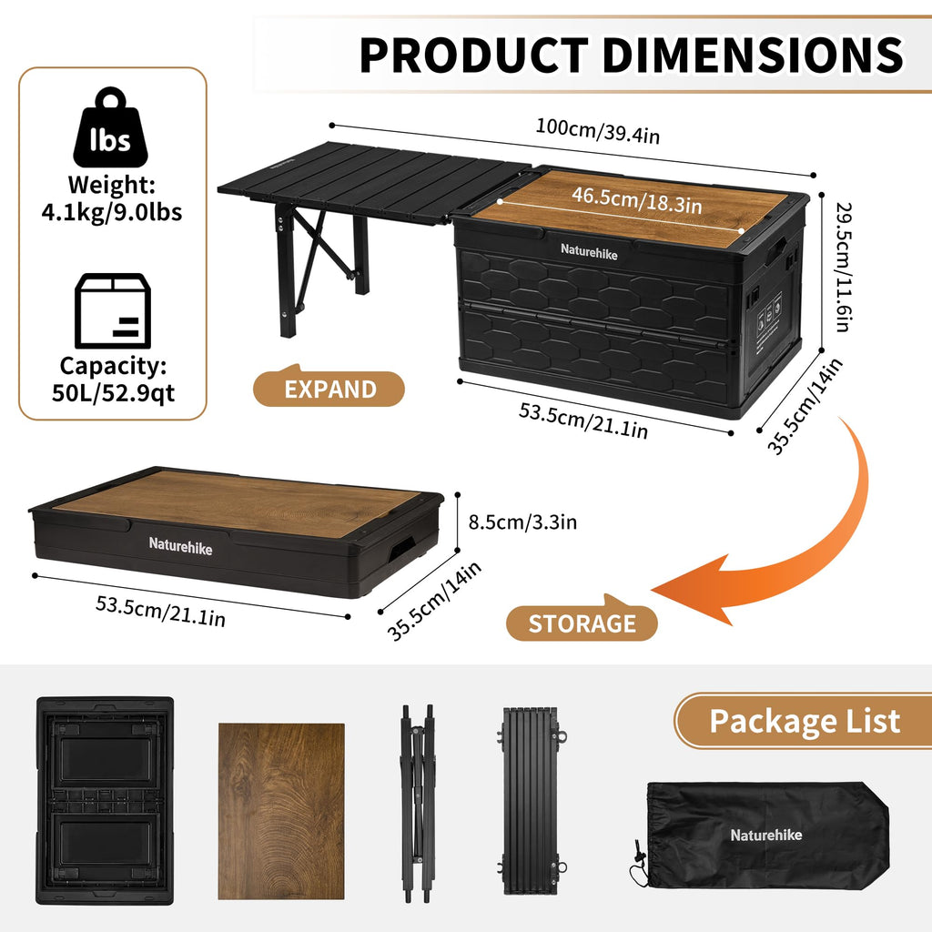 Naturehik Lispace Camping Table with Storage Box, 50L Collapsible Trunk Organize, view 2