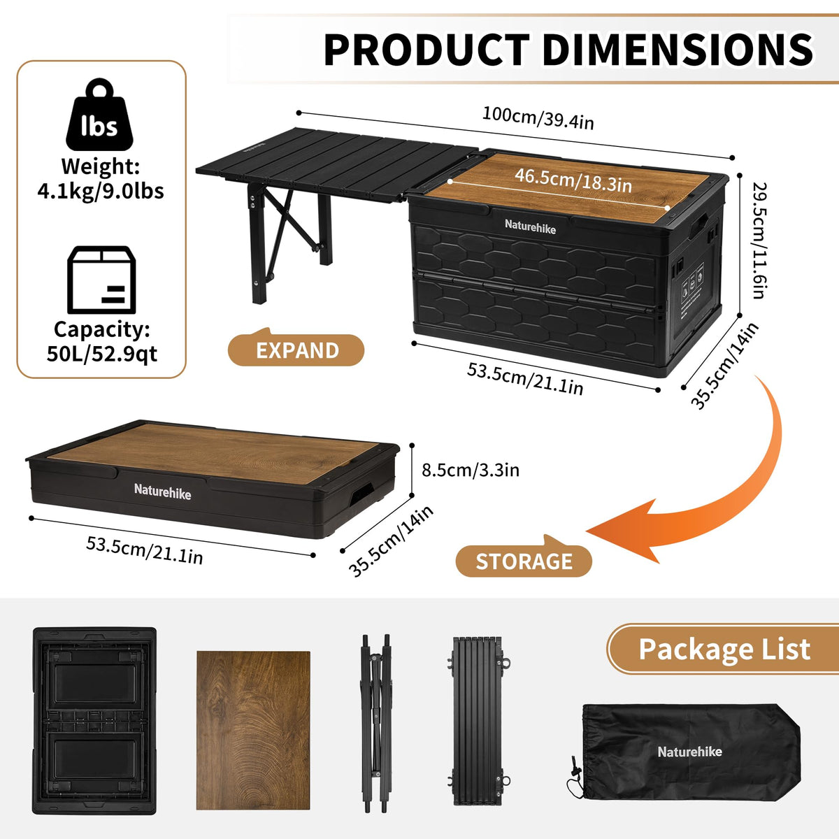 Naturehik Lispace Camping Table with Storage Box, 50L Collapsible Trunk Organize