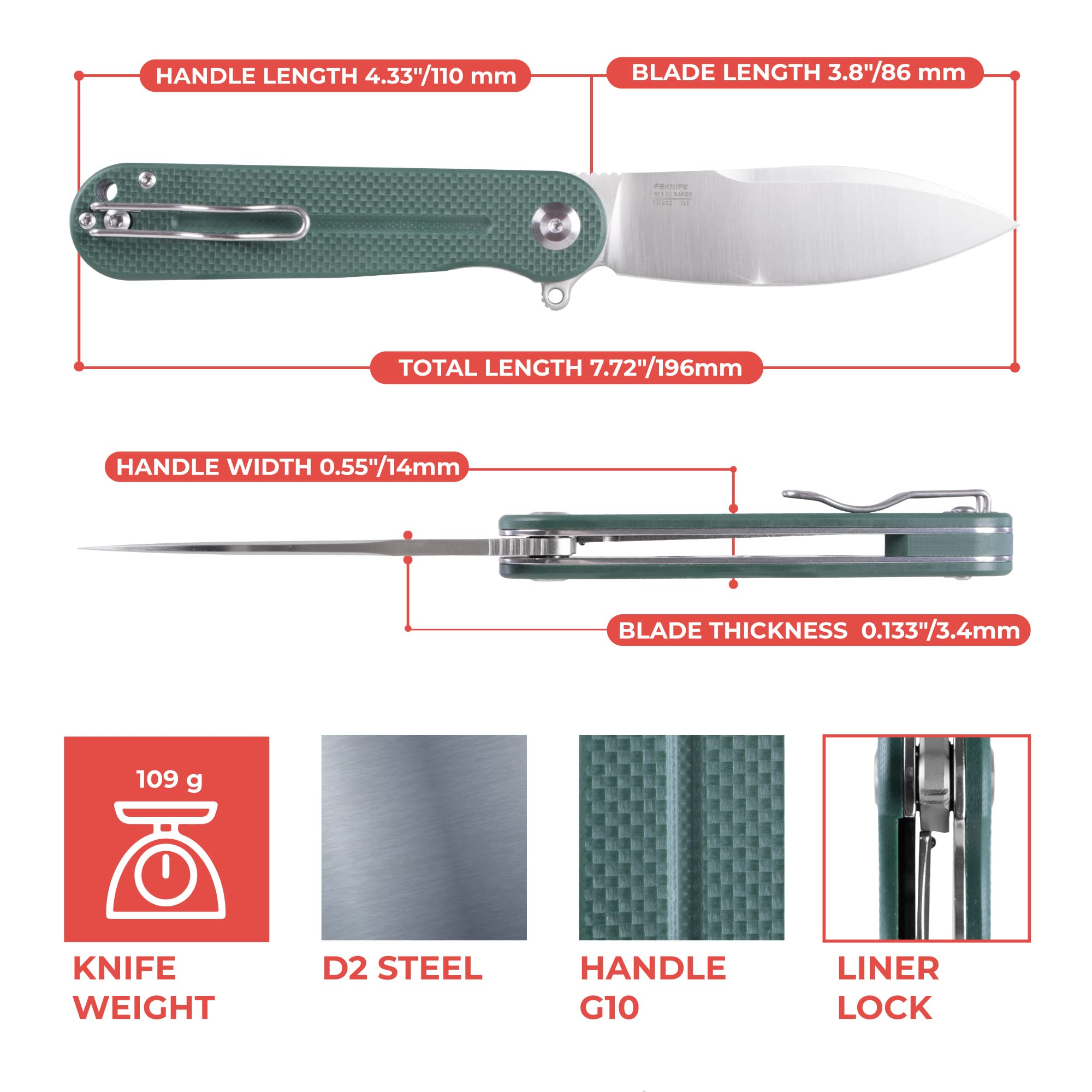 Firebird GANZO FH922-GB Pocket Folding Knife D2 Steel Blade