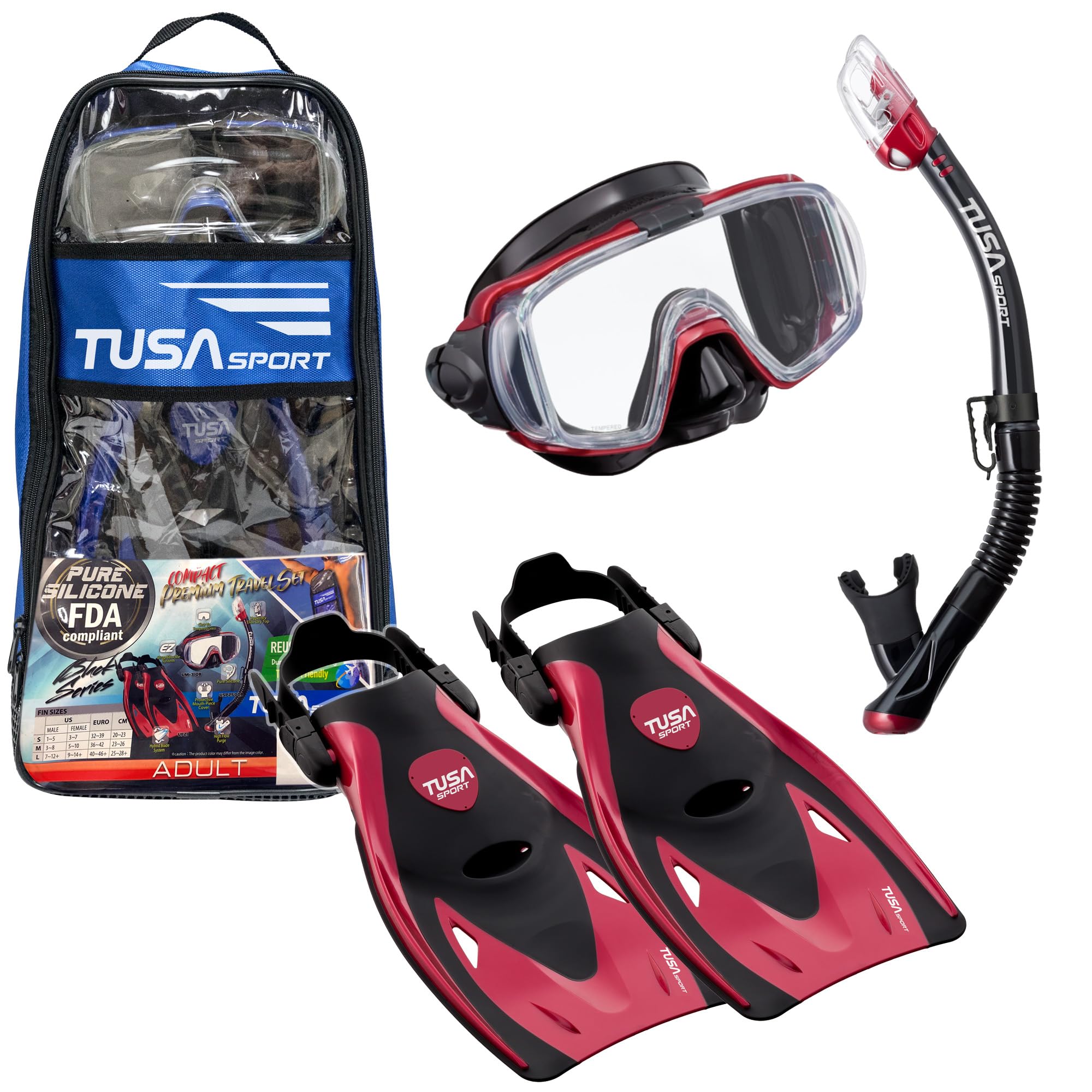 TUSA Sport Adult Black Series Visio Tri-Ex Mask, Dry Snorkel, and Fins Travel Se