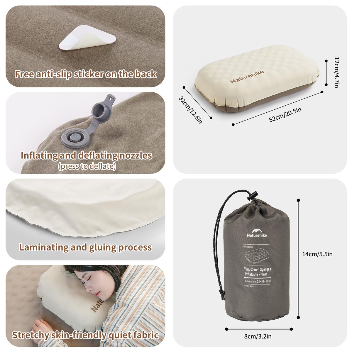 Naturehike 5.7oz Ultralight Inflatable Foam Bed Pillow, Adjustable Firmness Ergo