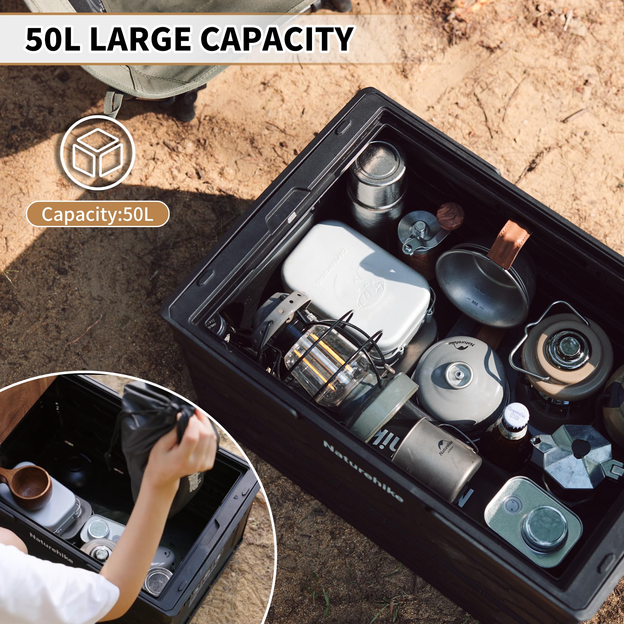 Naturehik Lispace Camping Table with Storage Box, 50L Collapsible Trunk Organize