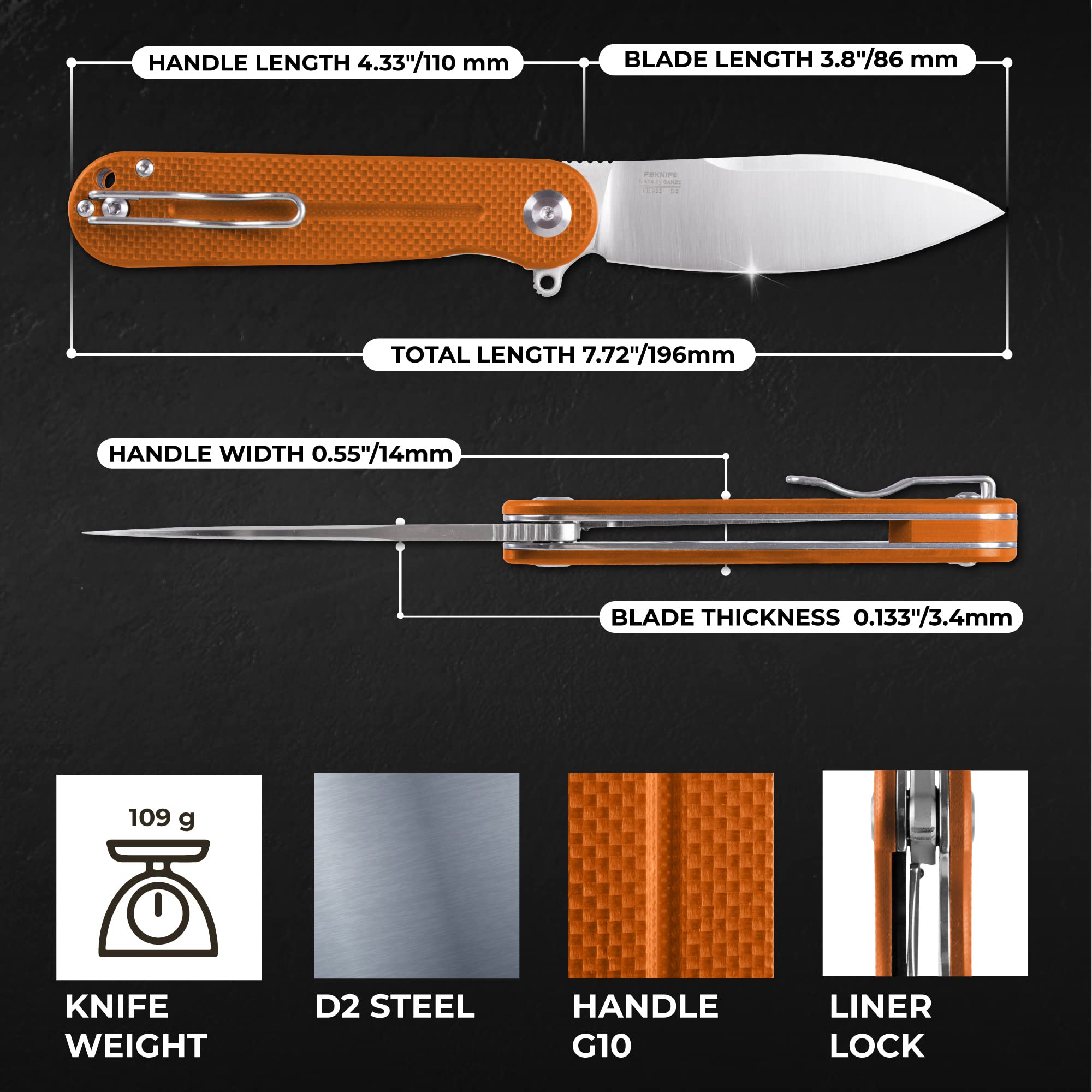 Firebird GANZO FH922-OR Pocket Folding Knife D2 Steel Blade