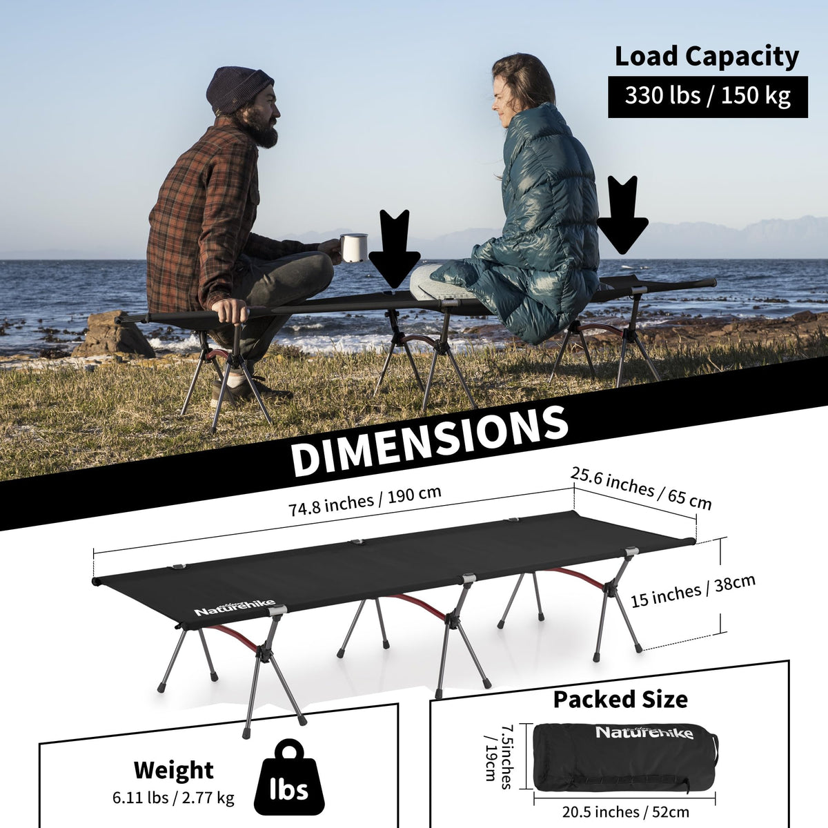Naturehike ArmyWild Folding Camping Cot, Height Adjustable Ultralight Backpackin